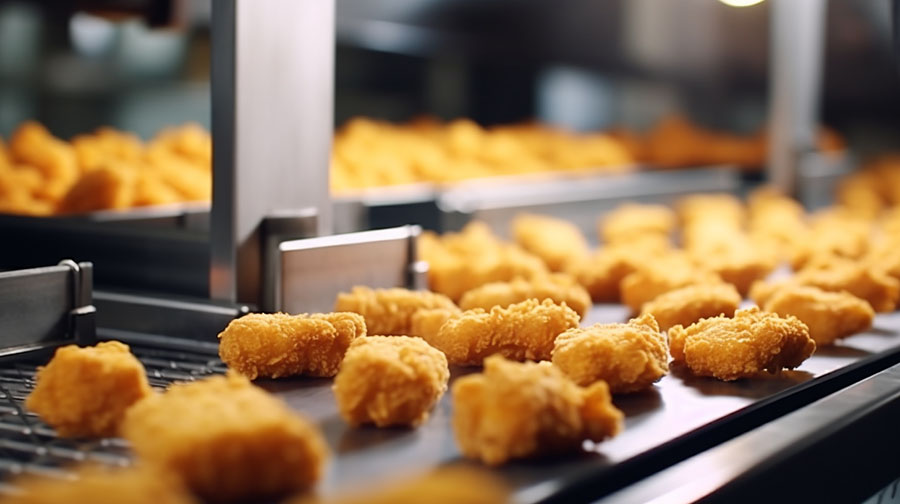 Chicken nuggets on a factory processing line.